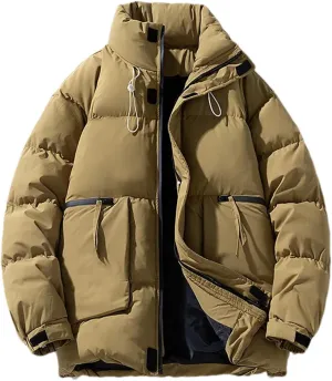 Men Stand Collar Drawstring Zipper Cotton-Padded Vintage Zipper Pockets Solid Parka Coat