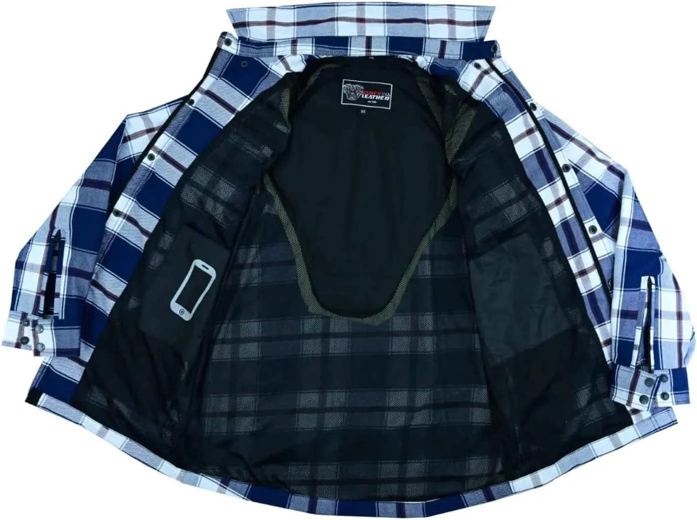 Mens Armored Checkered Flannel Biker Shirt, Multiple Waterproof Storage Pockets CE Approved Armor Reinforced Water Resistant