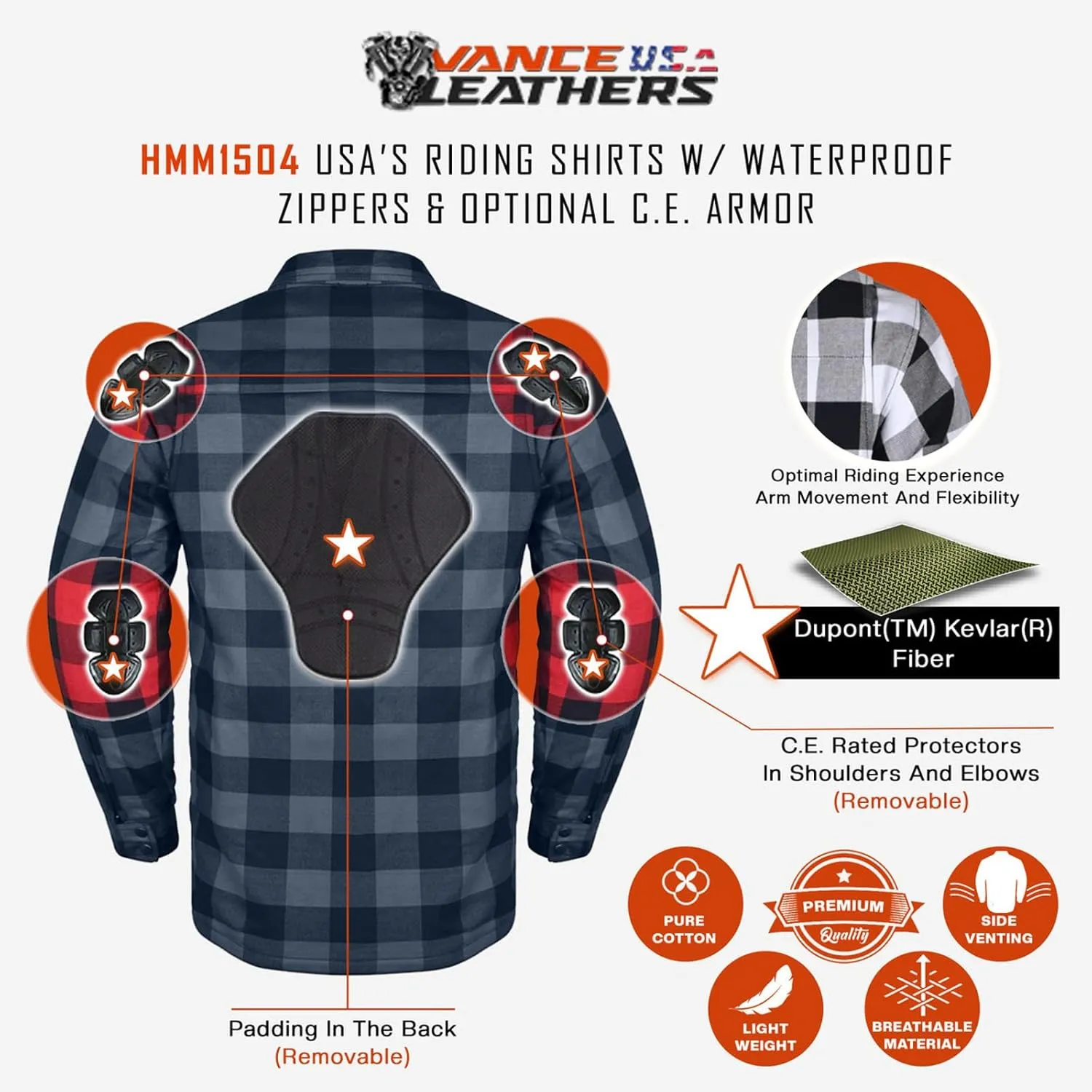 Mens Armored Checkered Flannel Biker Shirt, Multiple Waterproof Storage Pockets CE Approved Armor Reinforced Water Resistant
