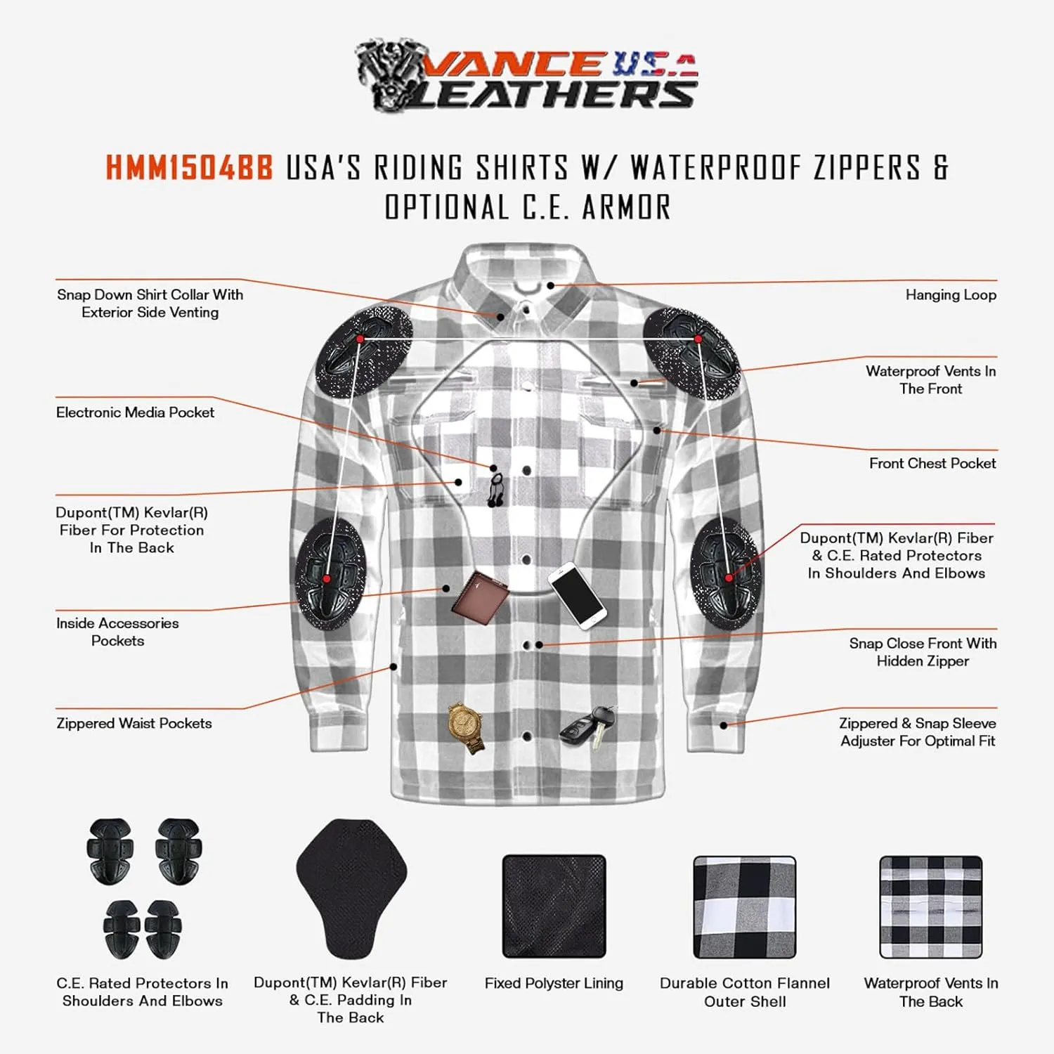 Mens Armored Checkered Flannel Biker Shirt, Multiple Waterproof Storage Pockets CE Approved Armor Reinforced Water Resistant
