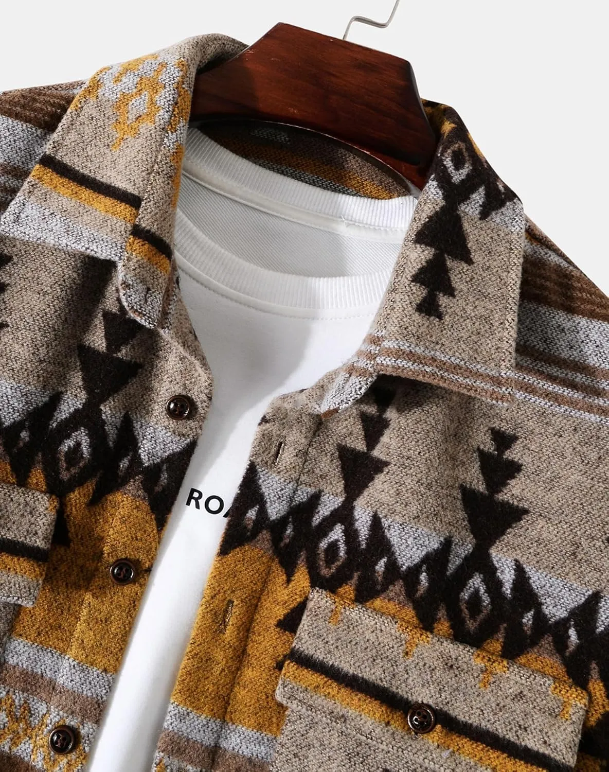 Men's Aztec Print Shacket Long Sleeve Button Up Woolen Shirt Jacket