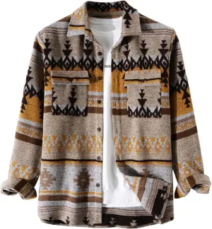 Men's Aztec Print Shacket Long Sleeve Button Up Woolen Shirt Jacket