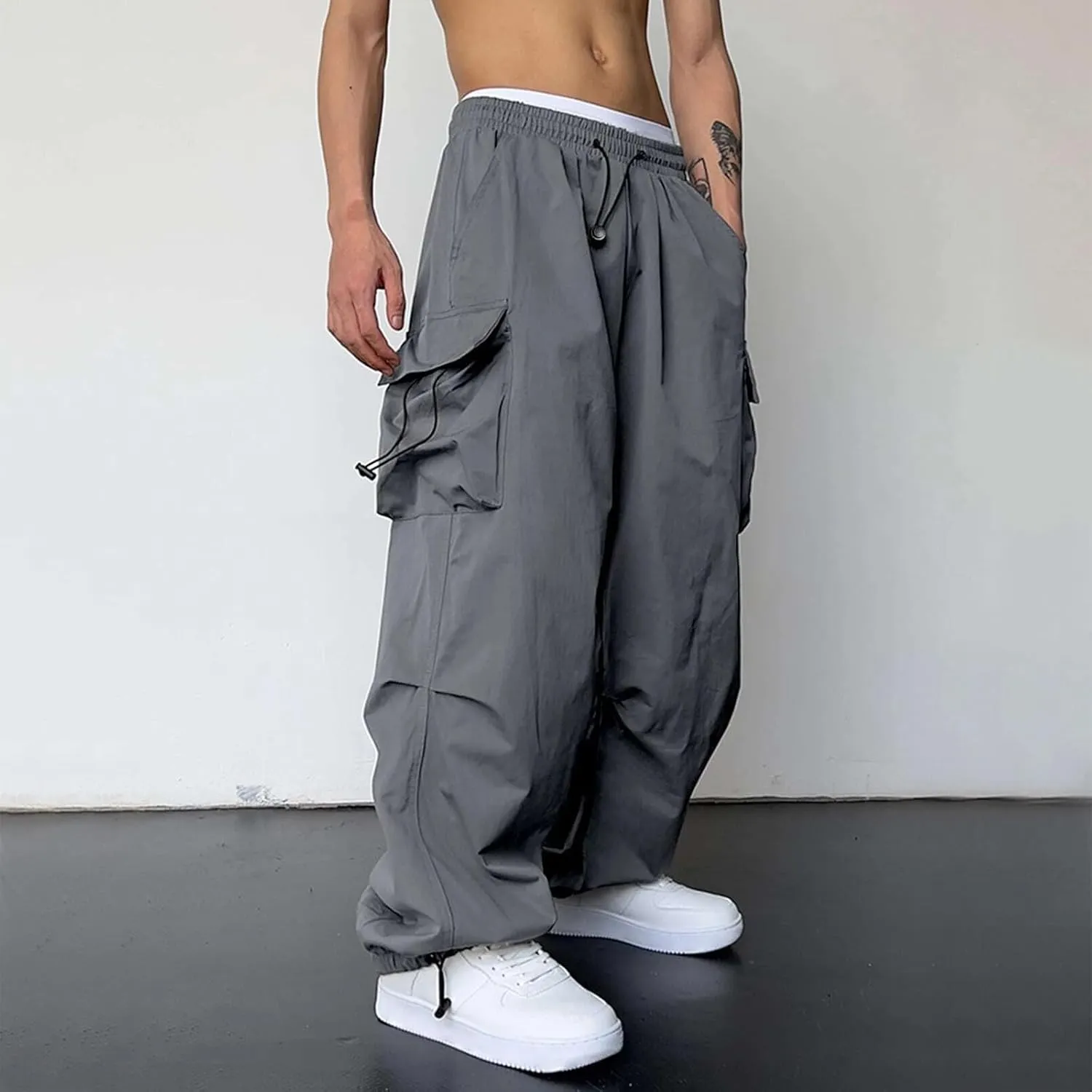 Mens Baggy Cargo Pants, Parachute Pants Causal Loose Fit Joggers, Trendy Harem Pants, Hip Hop Streetwear with Pockets