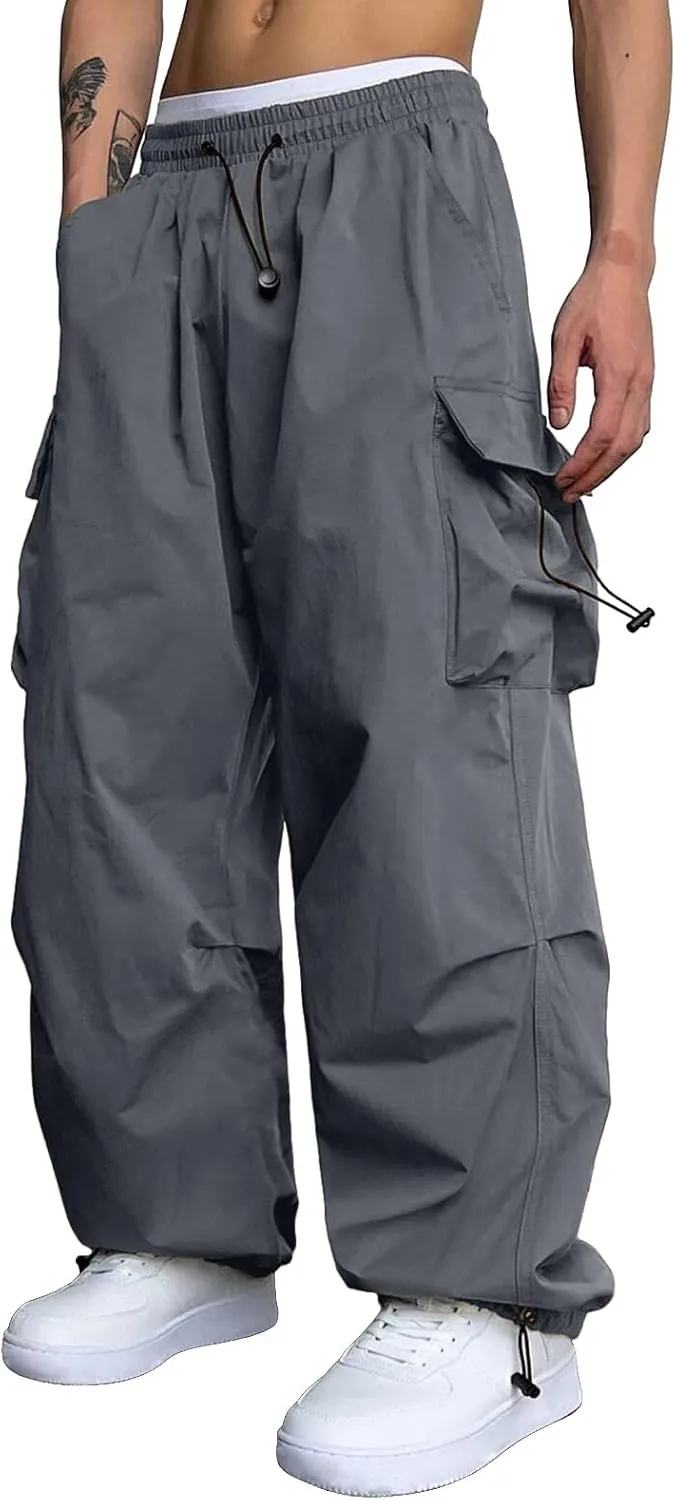 Mens Baggy Cargo Pants, Parachute Pants Causal Loose Fit Joggers, Trendy Harem Pants, Hip Hop Streetwear with Pockets