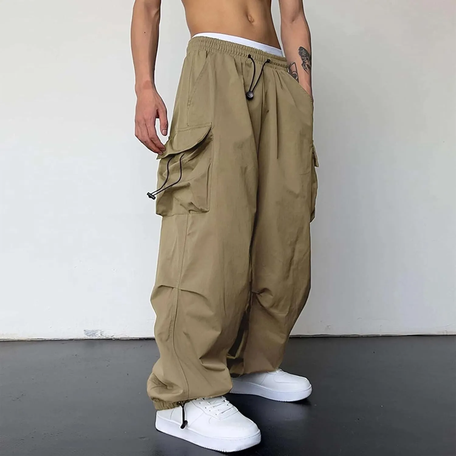 Mens Baggy Cargo Pants, Parachute Pants Causal Loose Fit Joggers, Trendy Harem Pants, Hip Hop Streetwear with Pockets