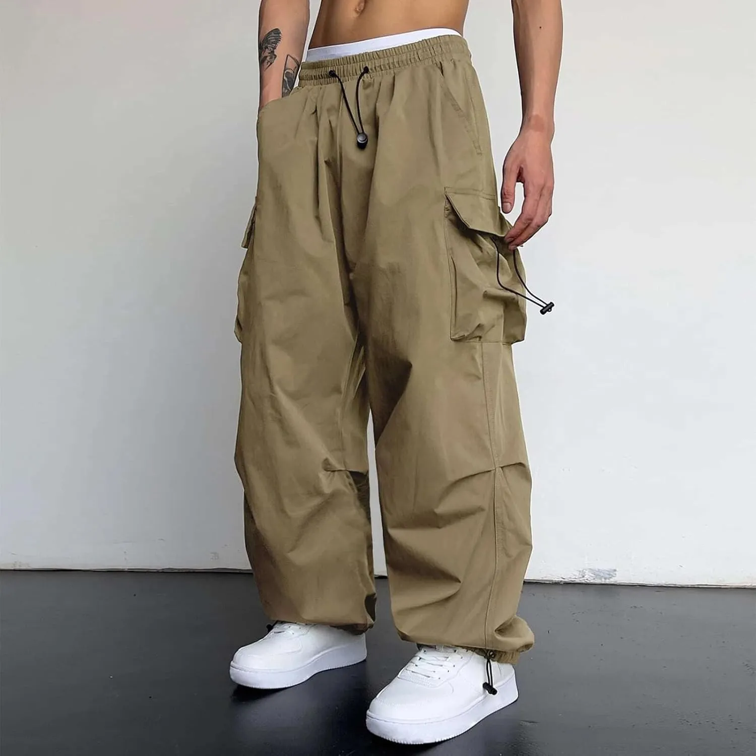 Mens Baggy Cargo Pants, Parachute Pants Causal Loose Fit Joggers, Trendy Harem Pants, Hip Hop Streetwear with Pockets