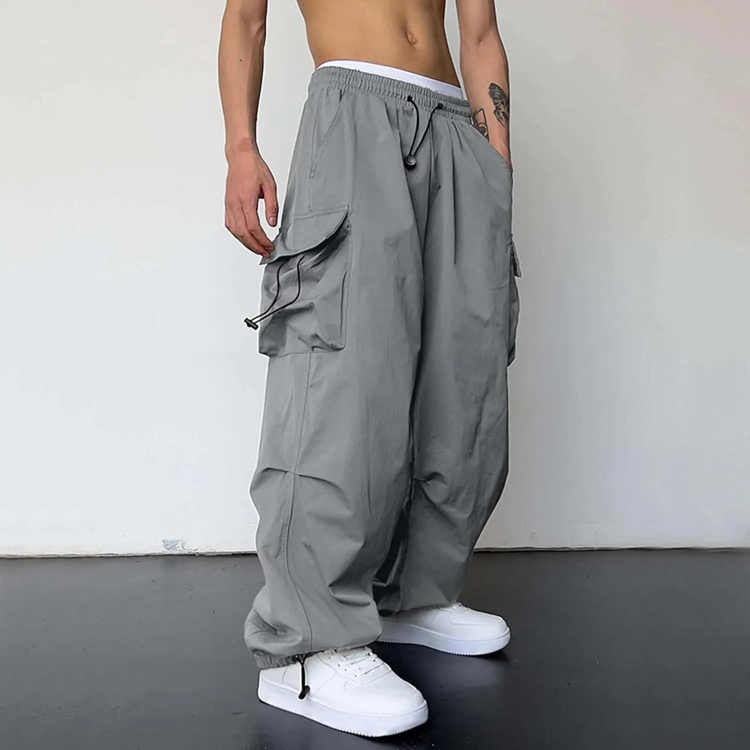 Mens Baggy Cargo Pants, Parachute Pants Causal Loose Fit Joggers, Trendy Harem Pants, Hip Hop Streetwear with Pockets