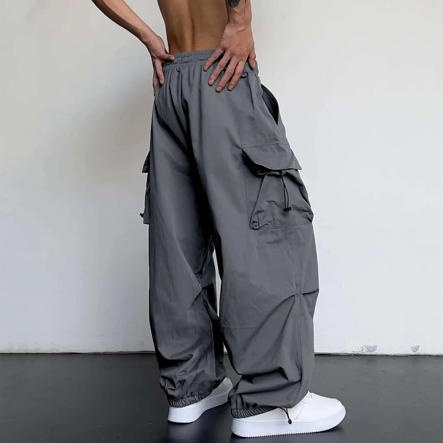 Mens Baggy Cargo Pants, Parachute Pants Causal Loose Fit Joggers, Trendy Harem Pants, Hip Hop Streetwear with Pockets