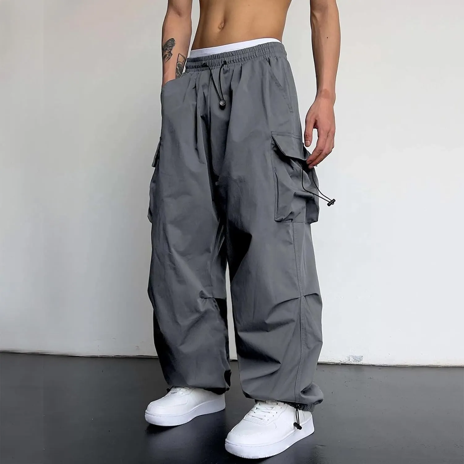 Mens Baggy Cargo Pants, Parachute Pants Causal Loose Fit Joggers, Trendy Harem Pants, Hip Hop Streetwear with Pockets