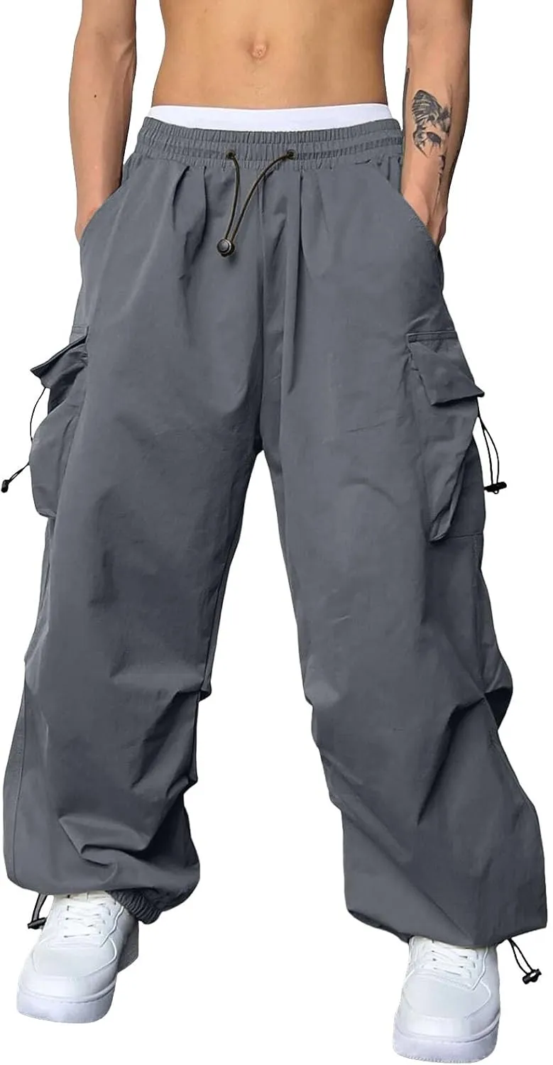 Mens Baggy Cargo Pants, Parachute Pants Causal Loose Fit Joggers, Trendy Harem Pants, Hip Hop Streetwear with Pockets