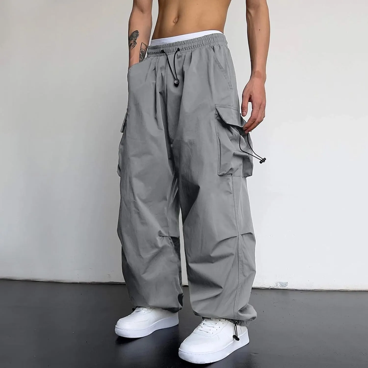Mens Baggy Cargo Pants, Parachute Pants Causal Loose Fit Joggers, Trendy Harem Pants, Hip Hop Streetwear with Pockets