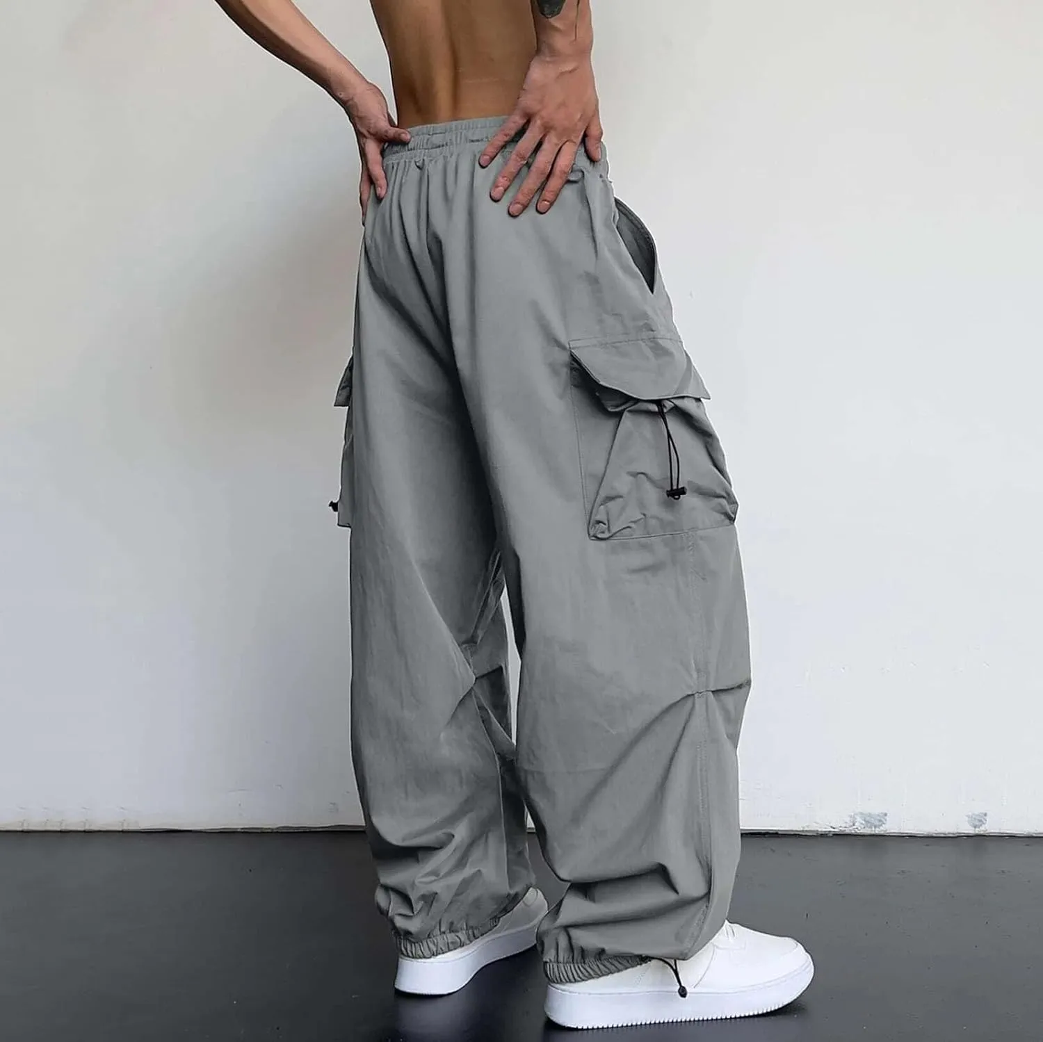 Mens Baggy Cargo Pants, Parachute Pants Causal Loose Fit Joggers, Trendy Harem Pants, Hip Hop Streetwear with Pockets