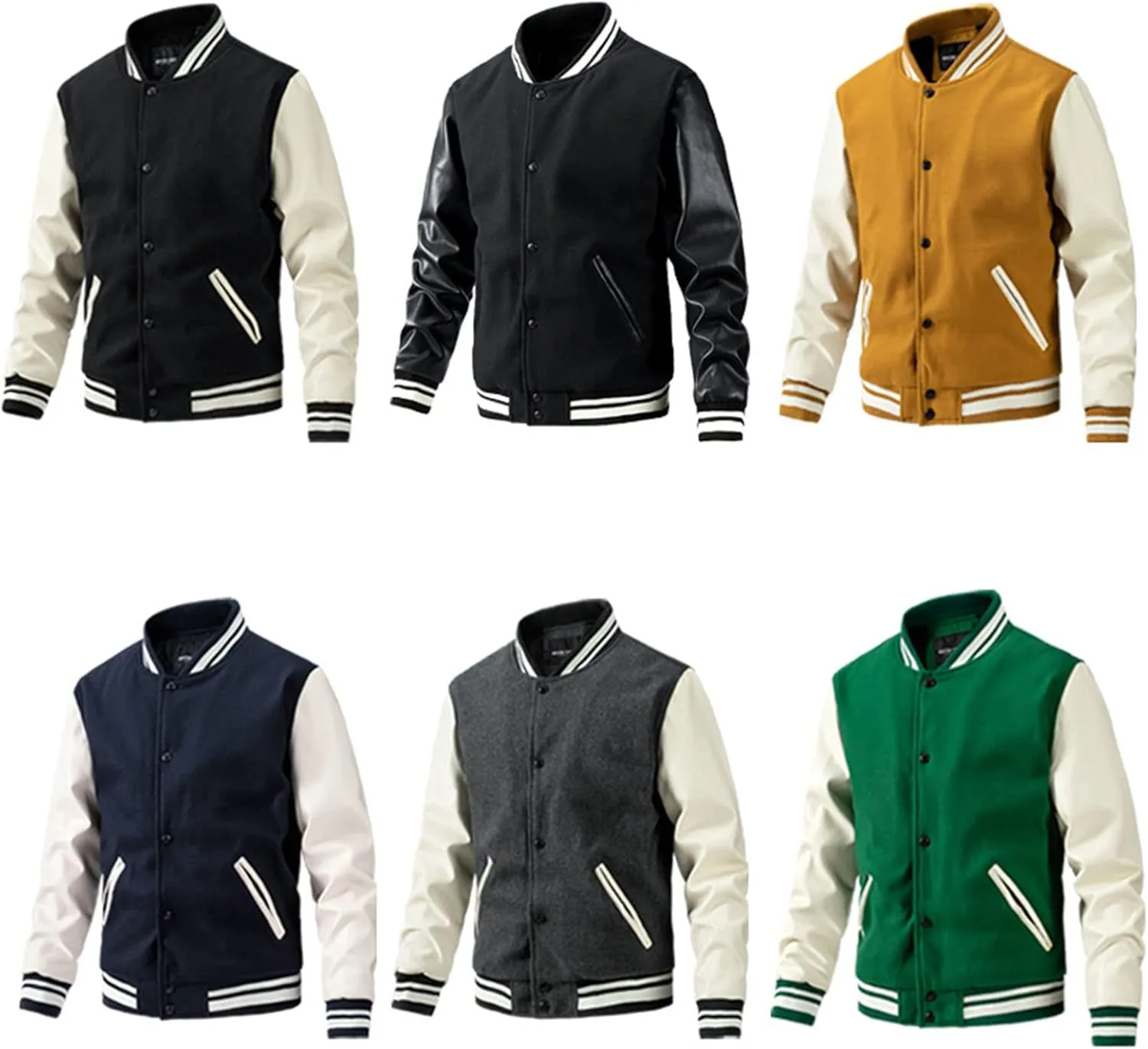 Men's Baseball Jacket Fashion Padded College Varsity Jackets Faux Leather Sleeves Button Down Bomber Coat