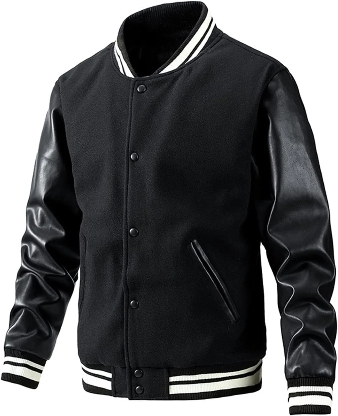 Men's Baseball Jacket Fashion Padded College Varsity Jackets Faux Leather Sleeves Button Down Bomber Coat