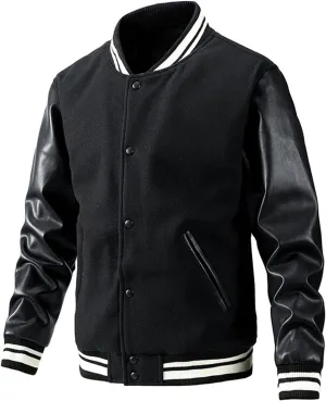 Men's Baseball Jacket Fashion Padded College Varsity Jackets Faux Leather Sleeves Button Down Bomber Coat