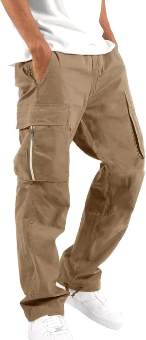 Mens Cargo Pants Classic Fit Pants, Cotton Work Pants, Casual Elastic Waist Solid Color Sports Sweatpants Multi Pcckets