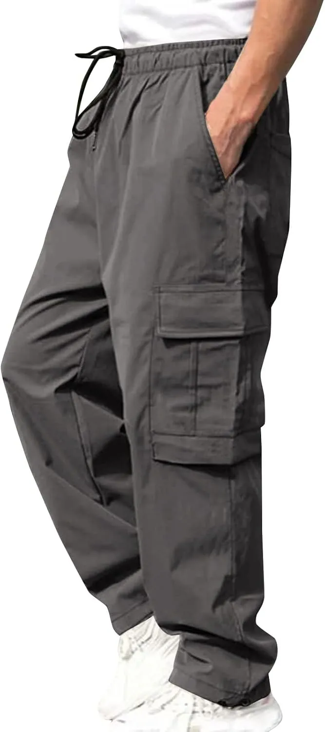 Men's Casual Cargo Pants, Elastic Waist Drawstring Joggers, Outdoor Tapered Sweatpants for Men Multi Pockets