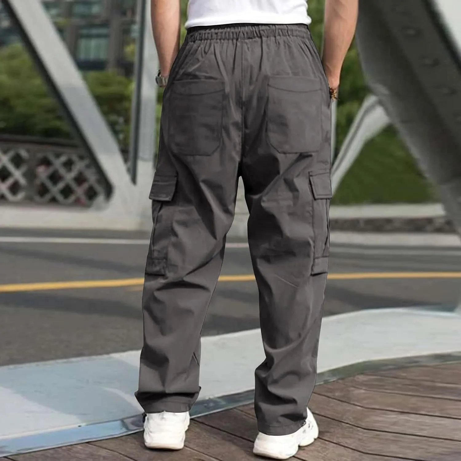 Men's Casual Cargo Pants, Elastic Waist Drawstring Joggers, Outdoor Tapered Sweatpants for Men Multi Pockets