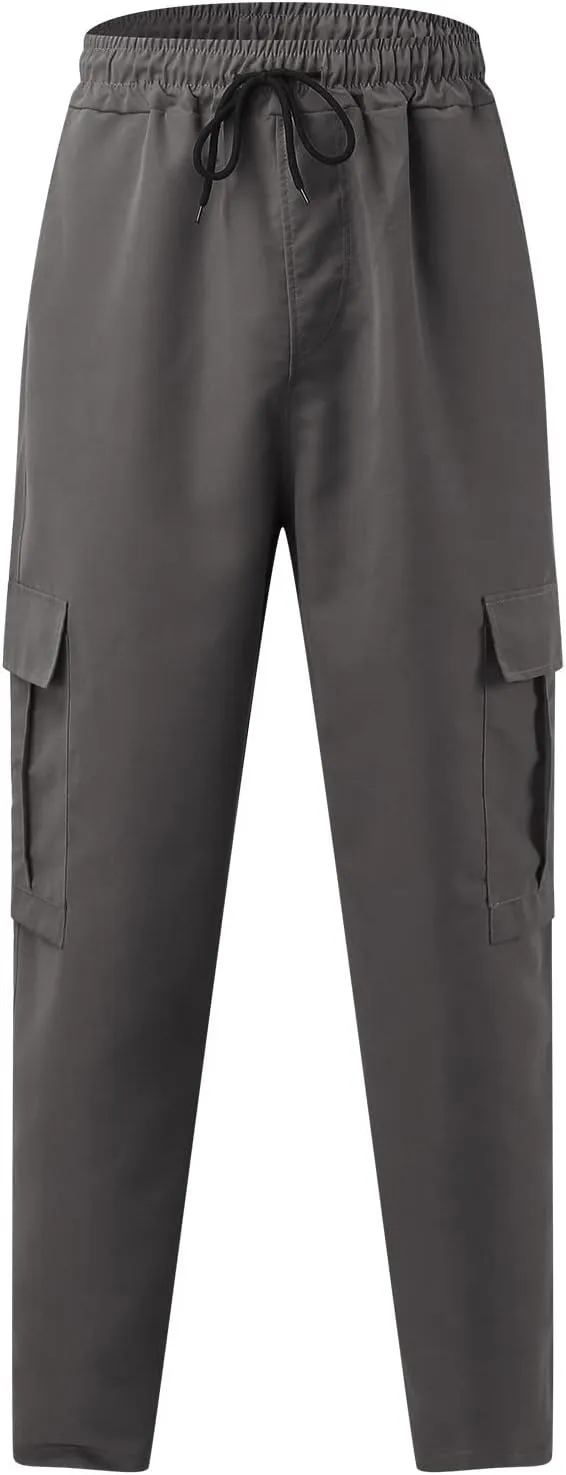 Men's Casual Cargo Pants, Elastic Waist Drawstring Joggers, Outdoor Tapered Sweatpants for Men Multi Pockets