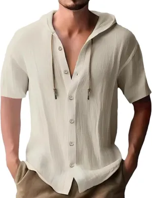 Men's Casual Linen Button - Down: Long Sleeve, Roll - Up, Hooded Tops for Summer Beach