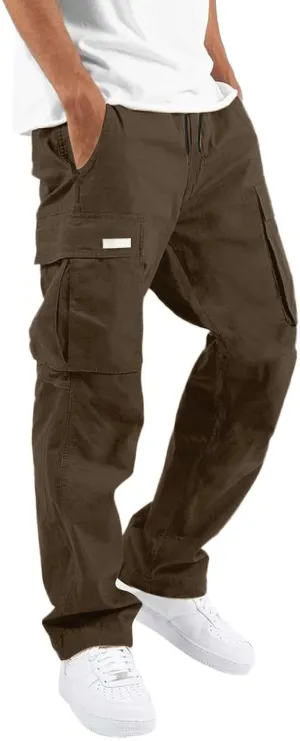 Men's Causal Cargo Pants Solid Color Multi Pockets Straight Leg Trousers Loose Fit Hiking Joggers Sport Pants