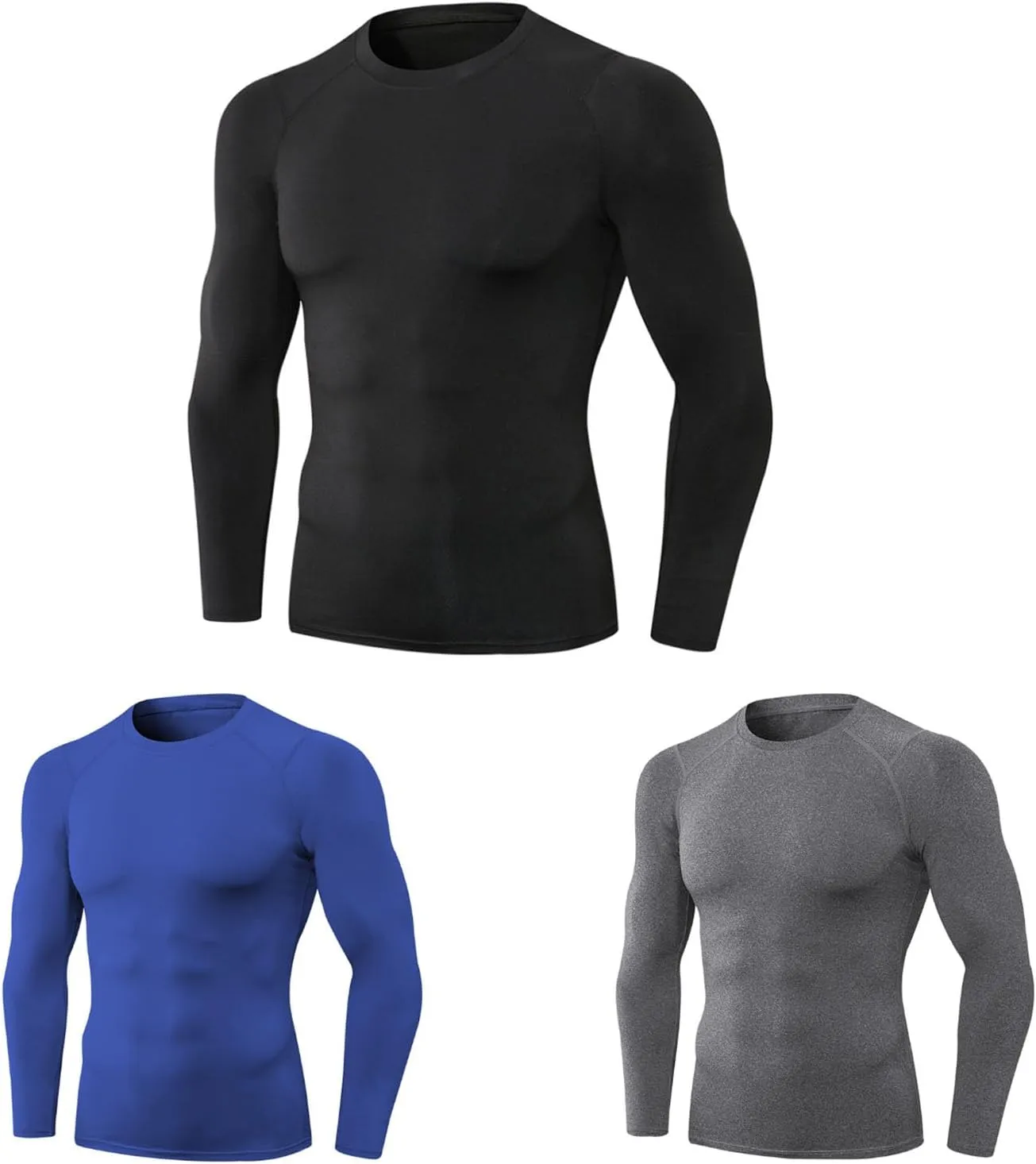 Men's Compression Shirts 3pcs Pack, Quick Dry Workout for Gym, Running, Yoga with Long Sleeve T Shirts, Tight Fit (XXL)
