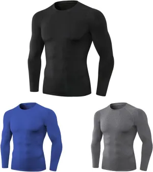 Men's Compression Shirts 3pcs Pack, Quick Dry Workout for Gym, Running, Yoga with Long Sleeve T Shirts, Tight Fit (XXL)