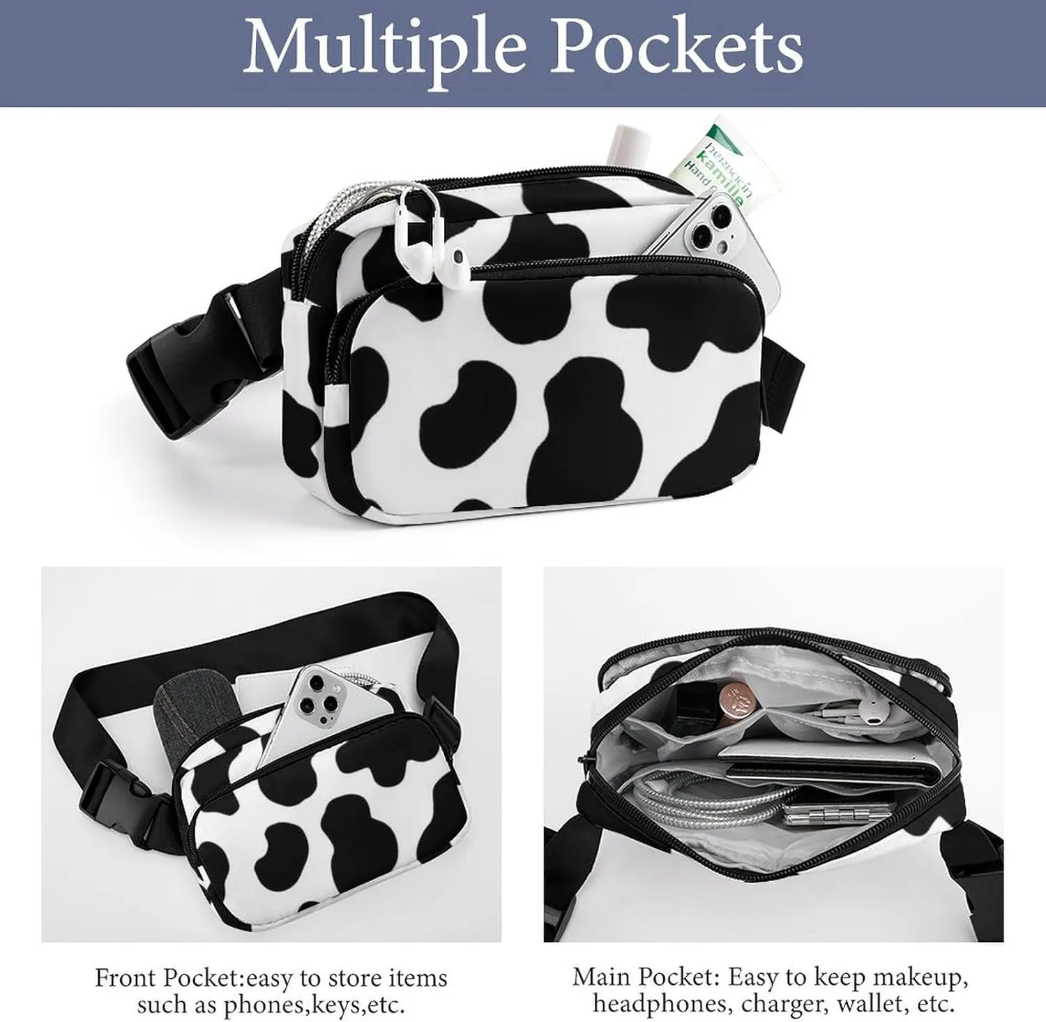 Mens Crossbody Workout Belt Bag Compatible with Cow Print Water-Resistant Fanny Pack for Hiking/Jogging