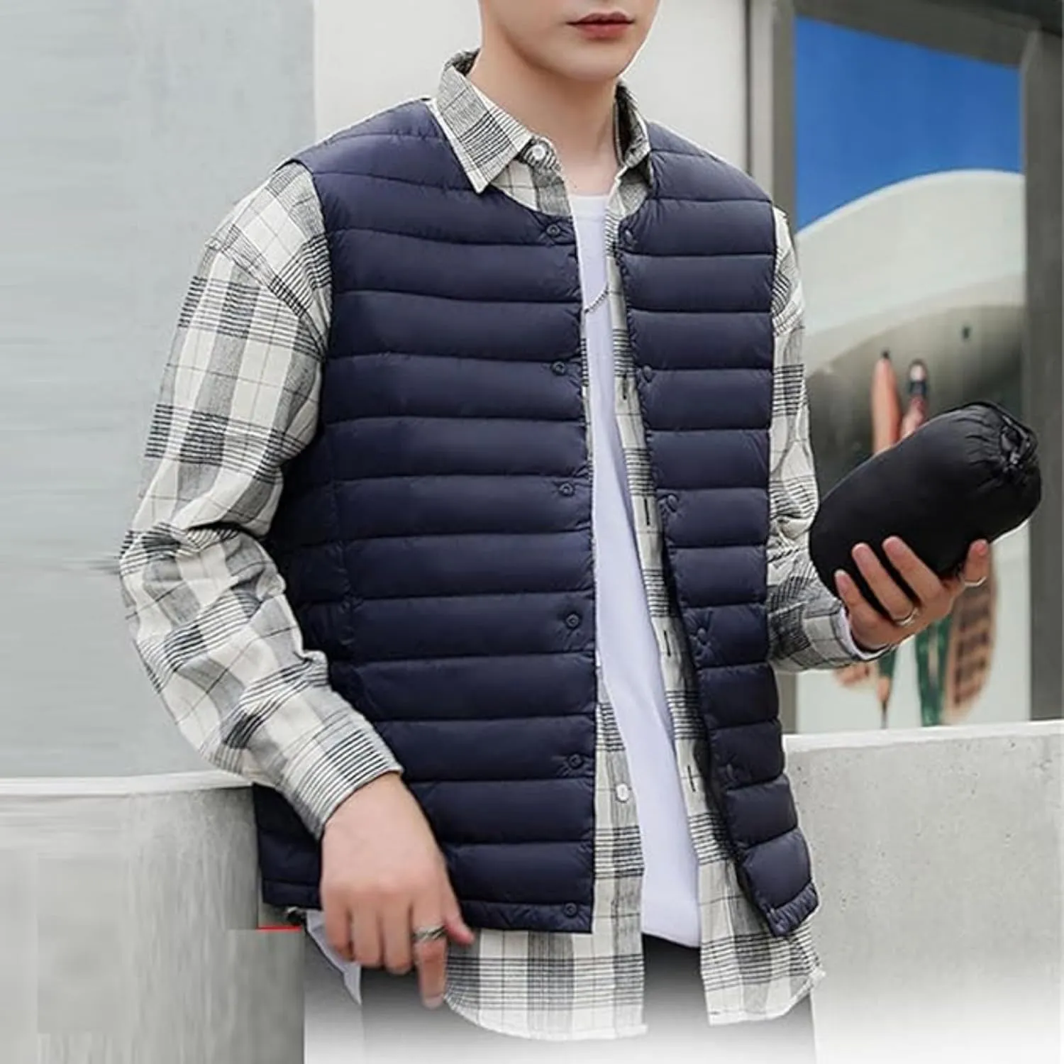 Men's Down Vest Male Collarless Lightweight Puffer Vest Man Winter Warm Quilted Sleeveless Jacket