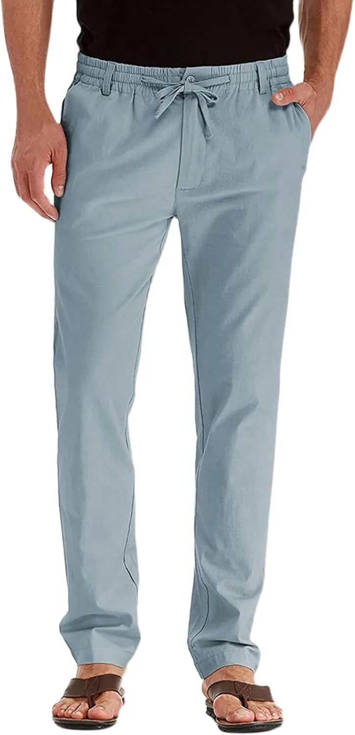 Men's Drawstring Linen Pants, Casual Summer Zipper Solid Color Beach Loose Workout Trousers, Oversized Sweatpants Mens