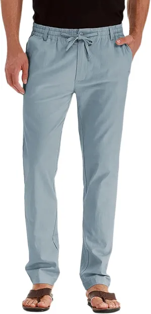 Men's Drawstring Linen Pants, Casual Summer Zipper Solid Color Beach Loose Workout Trousers, Oversized Sweatpants Mens