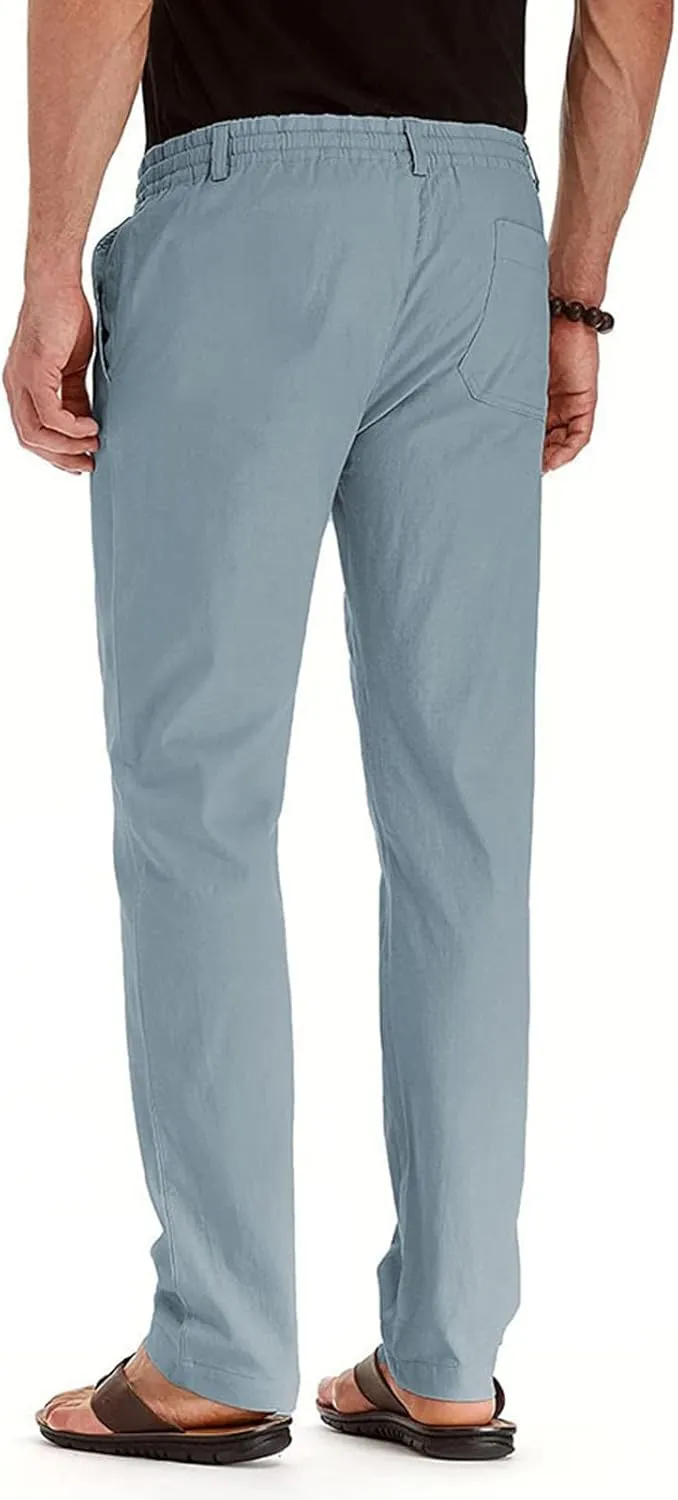 Men's Drawstring Linen Pants, Casual Summer Zipper Solid Color Beach Loose Workout Trousers, Oversized Sweatpants Mens