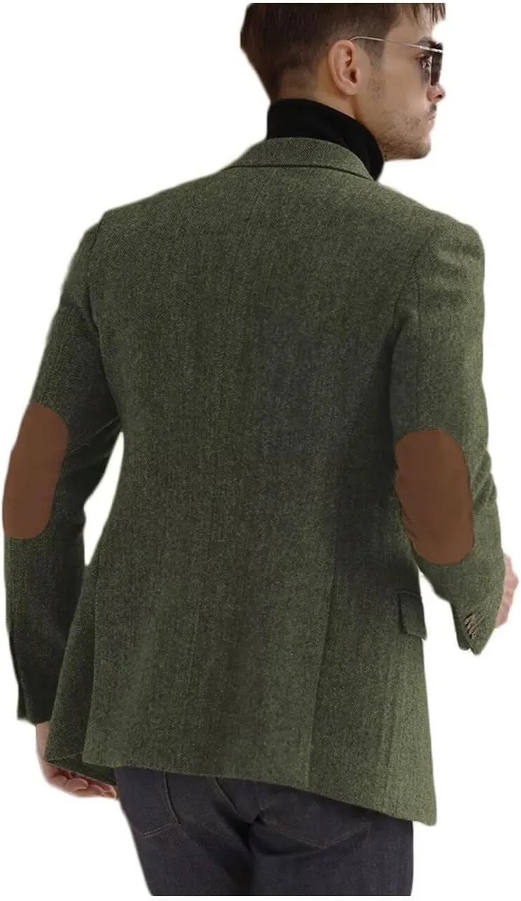 Men's Herringbone Casual Blazer Elbow Patch Fashion Sport Coats Single Breasted Formal Jacket Coat