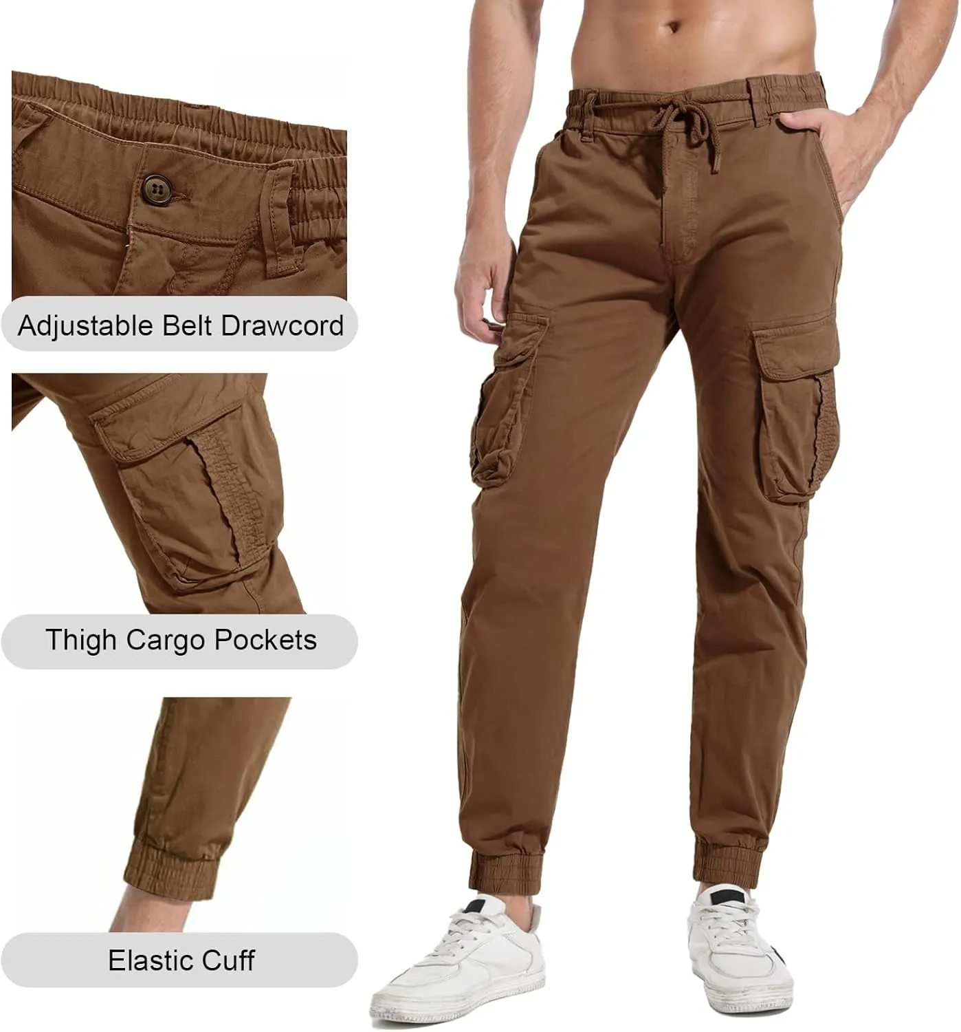 Men's Hiking Cargo Pants Joggers Slim Fit Stretch Lightweight Casual Work Pants with Pockets Drawstring Waist