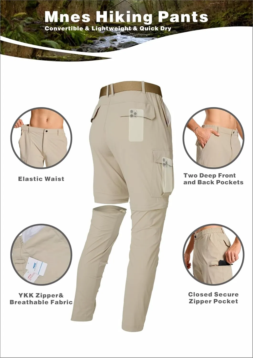 Mens Hiking Cargo Pants Lightweight Quick Dry Convertible Zip Off Waterproof Travel Fishing Climbing Work Pants for Men