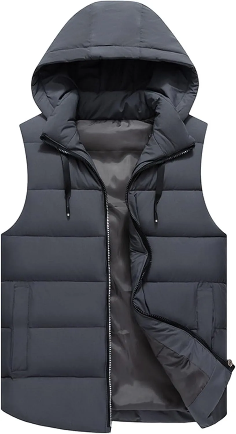 Men's Hooded Cotton Padded Vest Winter Warm Lightweight Quilted Coat Vest Casual Zip Up Thick Sleeveless Jacket