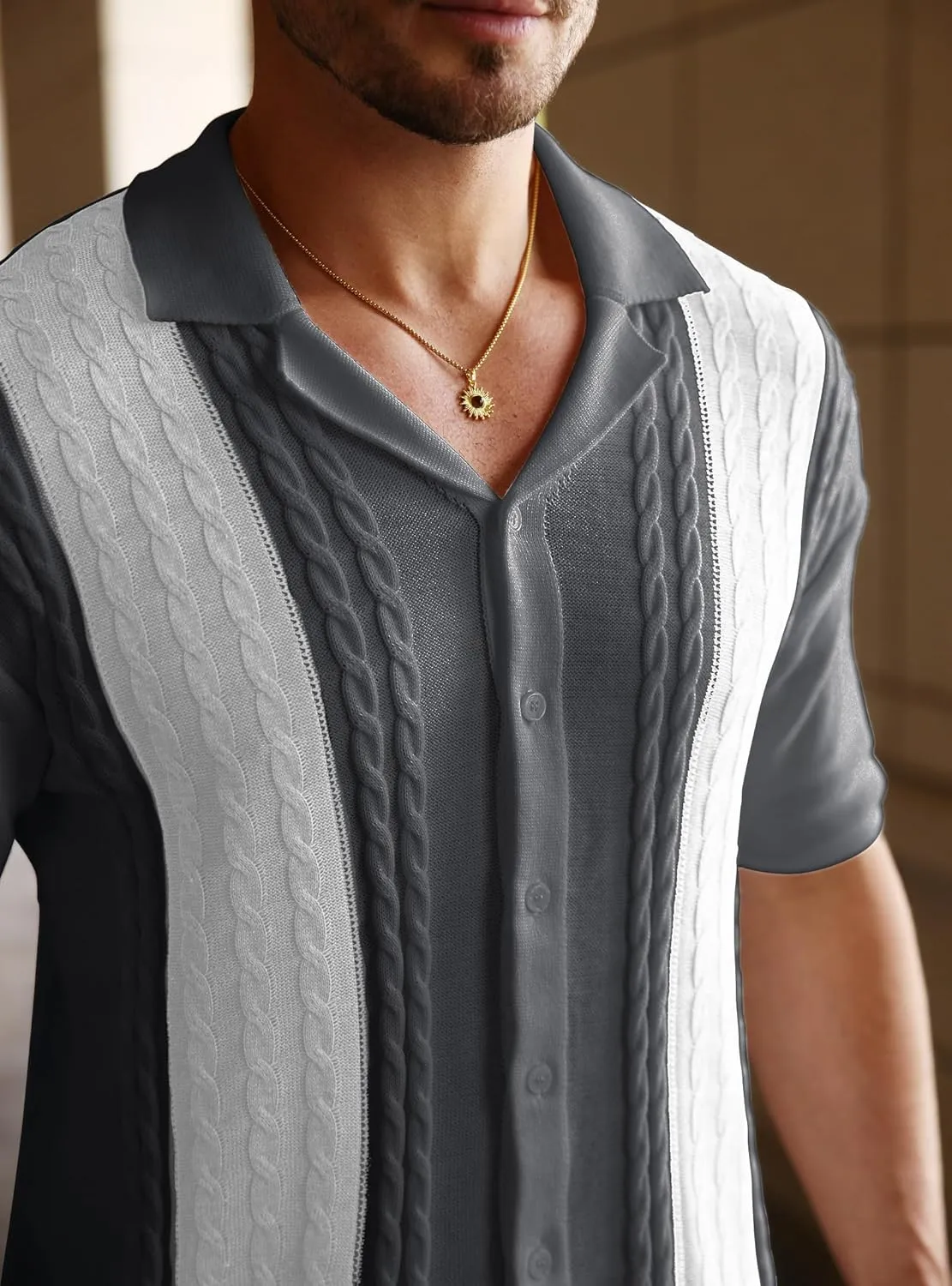 Men's Knit Shirts Short Sleeve Button Down Shirt Cuban Collar Vintage Casual Summer Tops with Crochet Cable Design