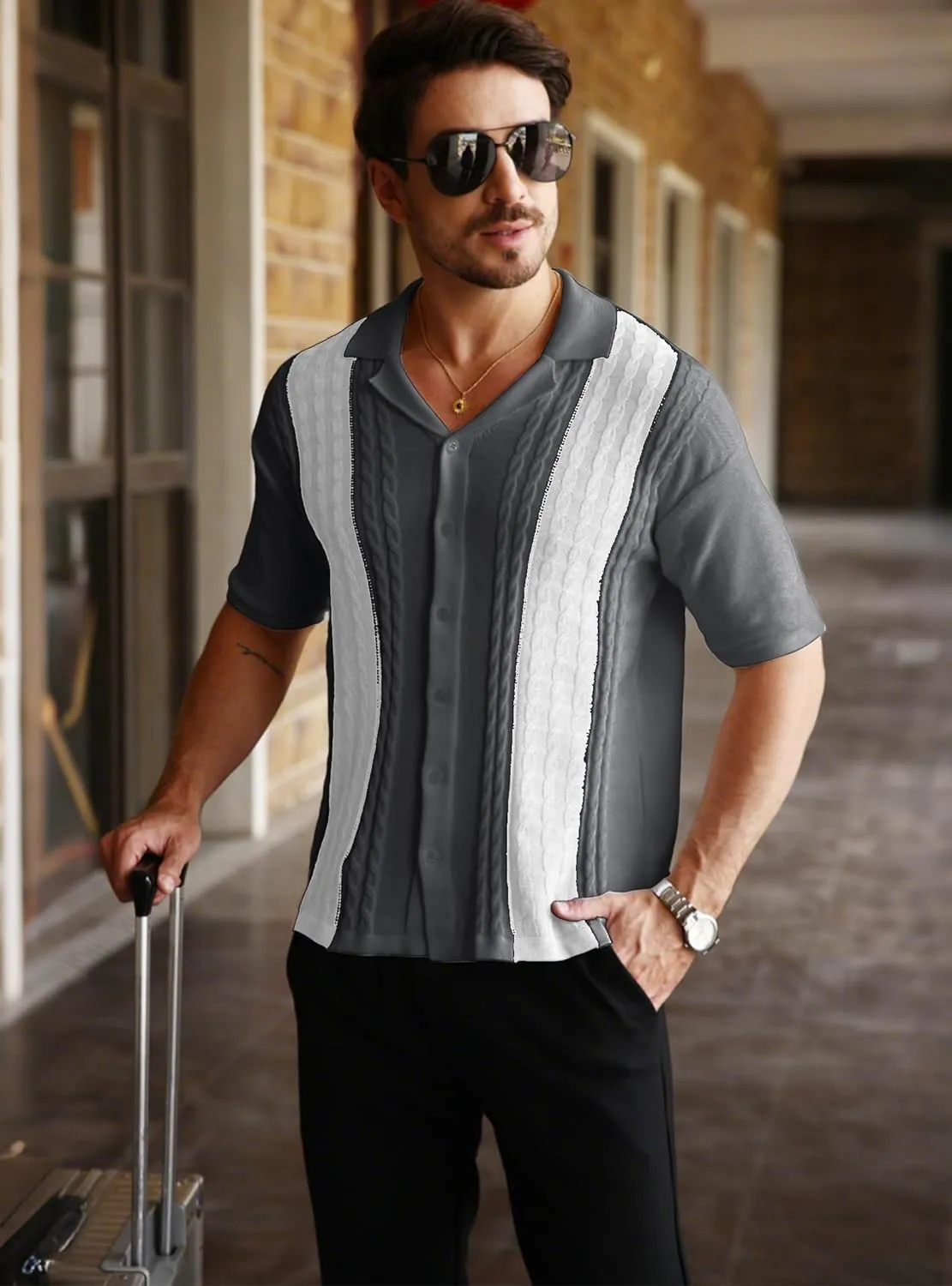 Men's Knit Shirts Short Sleeve Button Down Shirt Cuban Collar Vintage Casual Summer Tops with Crochet Cable Design
