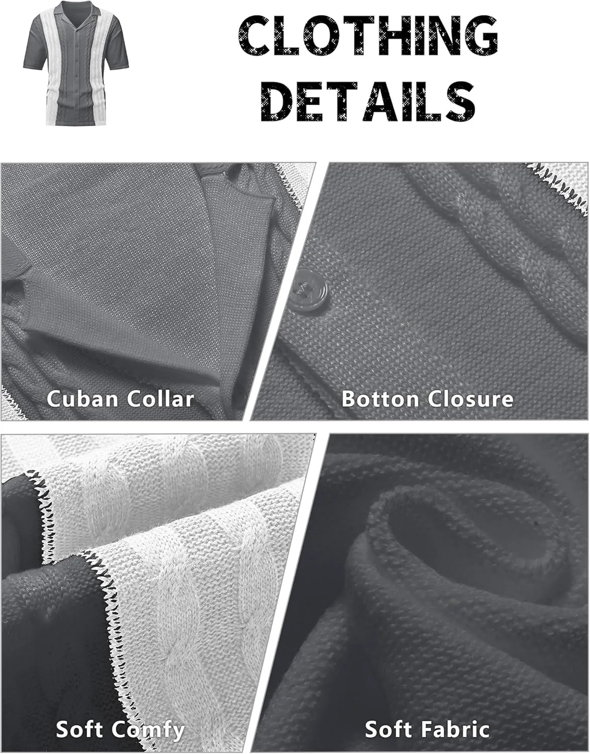 Men's Knit Shirts Short Sleeve Button Down Shirt Cuban Collar Vintage Casual Summer Tops with Crochet Cable Design
