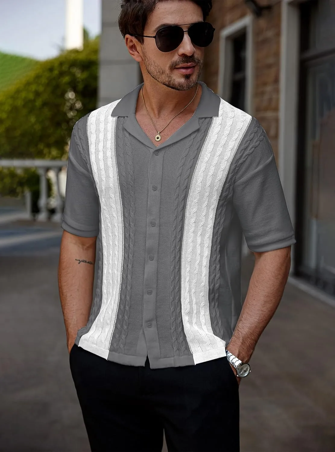 Men's Knit Shirts Short Sleeve Button Down Shirt Cuban Collar Vintage Casual Summer Tops with Crochet Cable Design