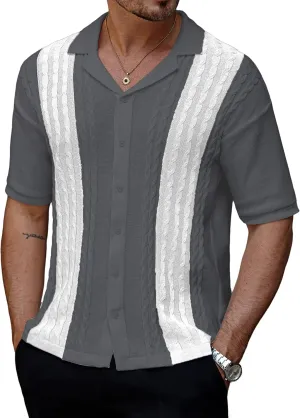 Men's Knit Shirts Short Sleeve Button Down Shirt Cuban Collar Vintage Casual Summer Tops with Crochet Cable Design