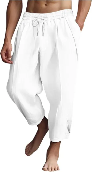 Mens Lightweight Linen Pants Solid Color Summer Sweatpants Lounge Classic Fit Beach Yoga Trousers Outdoor Joggers
