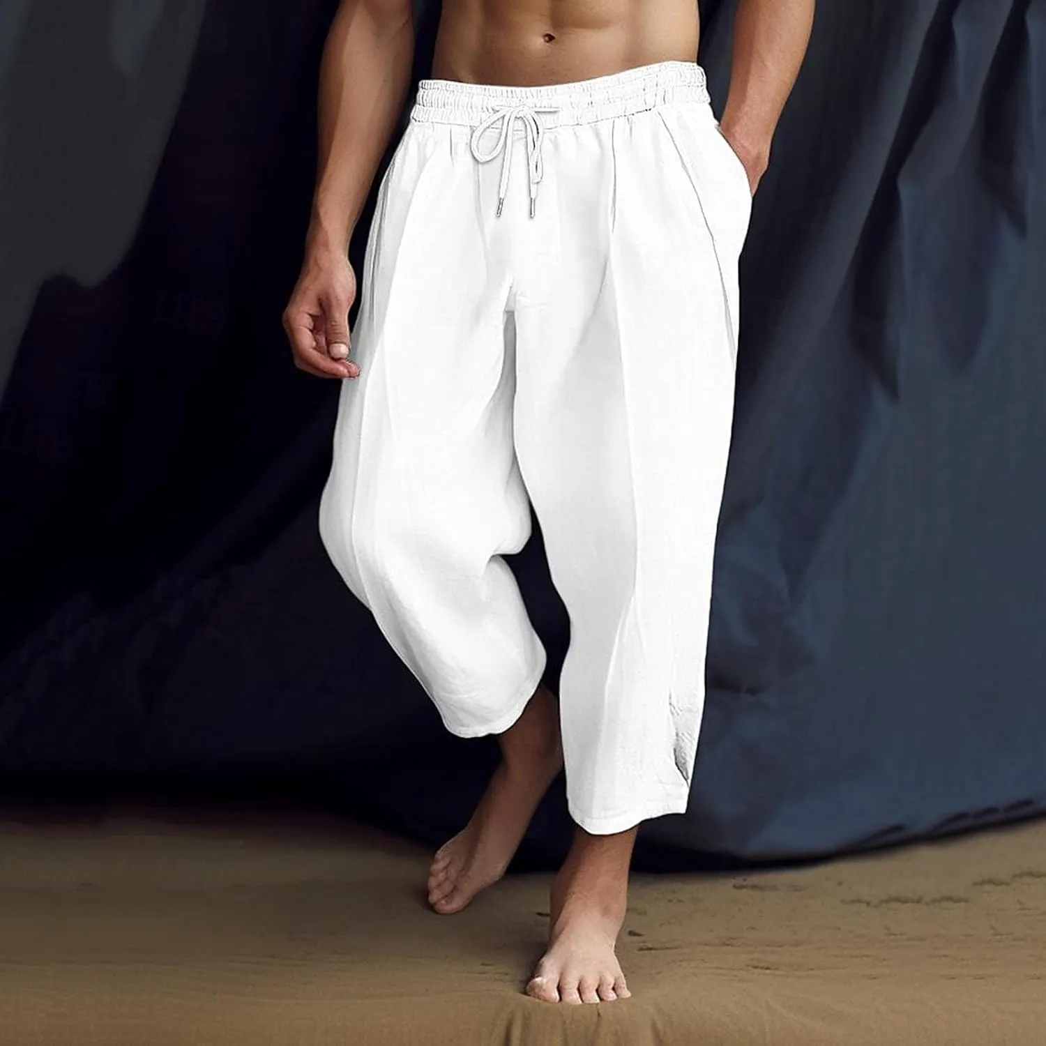 Mens Lightweight Linen Pants Solid Color Summer Sweatpants Lounge Classic Fit Beach Yoga Trousers Outdoor Joggers