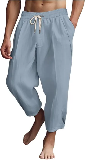 Mens Lightweight Linen Pants Solid Color Summer Sweatpants Lounge Classic Fit Beach Yoga Trousers Outdoor Joggers