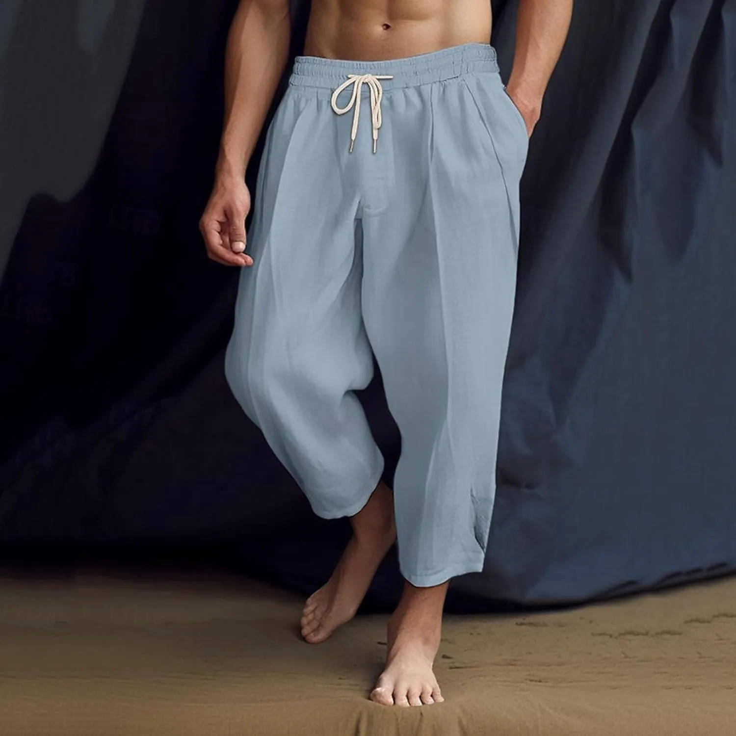 Mens Lightweight Linen Pants Solid Color Summer Sweatpants Lounge Classic Fit Beach Yoga Trousers Outdoor Joggers