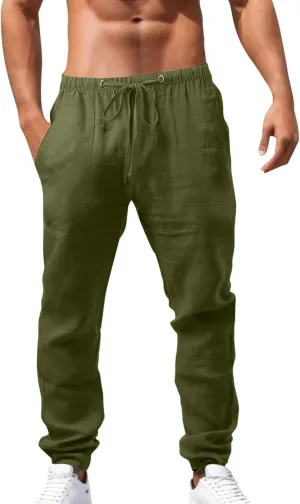 Mens Linen Pants, Drawstring Casual Loose Fit Beach Summer Pants, Solid Color Breathable Lightweight Trousers Yoga Pants