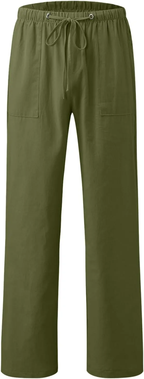 Mens Linen Pants, Drawstring Casual Loose Fit Beach Summer Pants, Solid Color Breathable Lightweight Trousers Yoga Pants