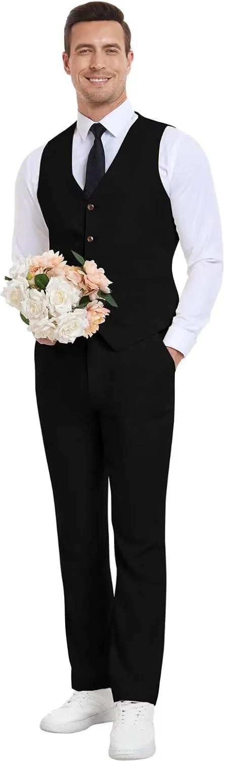 Men's Linen Suits 2 Piece Slim Fit Suit Prom Beach Wedding Groomsman Vest Pants Set Casual Summer Linen Outfit