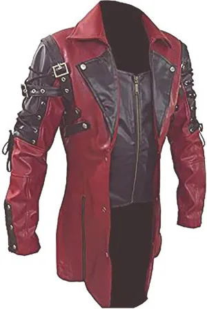 Men's Sexy RED & Black Real Leathr Coat Goth Matrix Trench Coat Steampunk Gothic Leather Coats