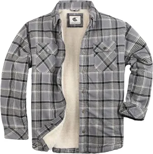 Men's Sherpa Lined Flannel Quilted Jacket Long Sleeve Cotton Button Up Down Jacket Winter Shirts